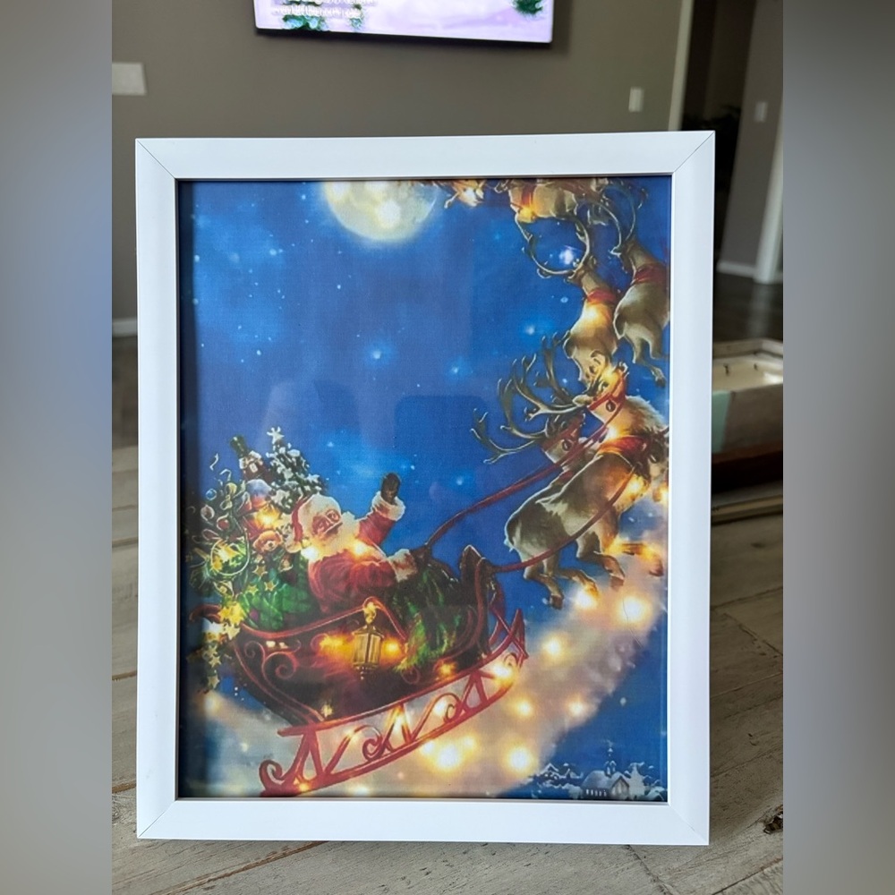 Festive Santa and Reindeer in Flight Framed Art 8x10”